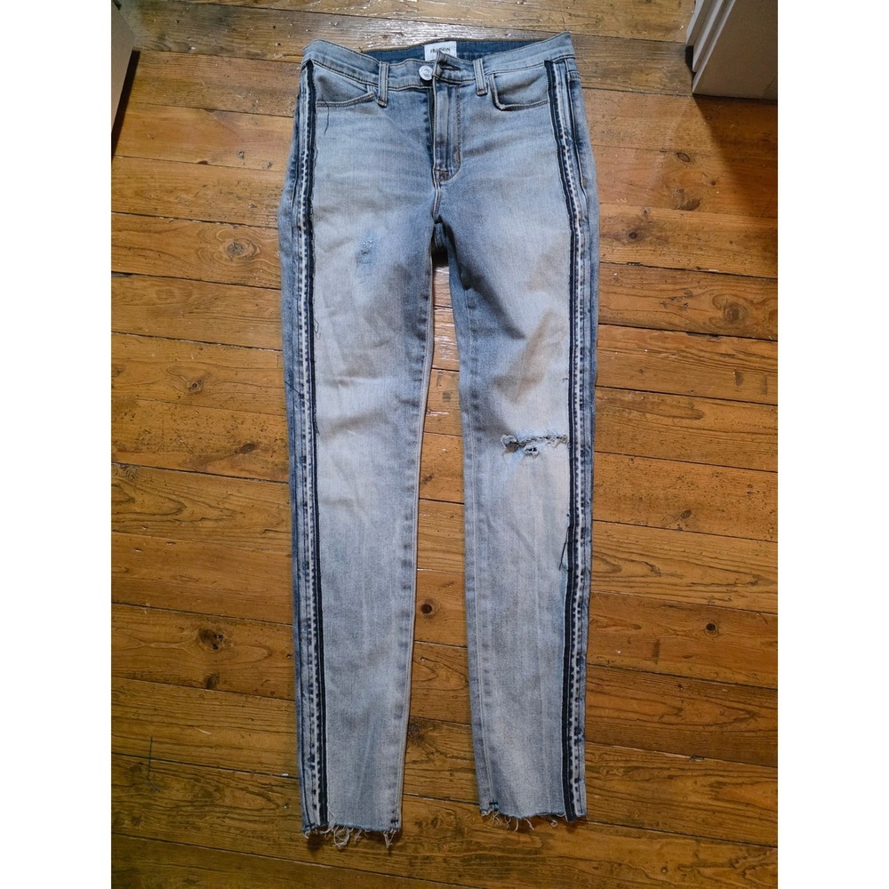Y2K Hudson Womens Skinny Jeans Light Wash Distressed Side Stripe Raw Hem Size 25